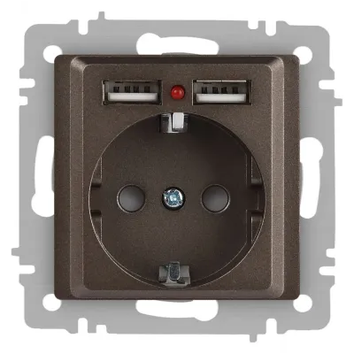 Розетка Intro Accent 6-410-08 , P+E Schuko со шторками, 16А-250В + 2хUSB, IP20, СУ, бронза