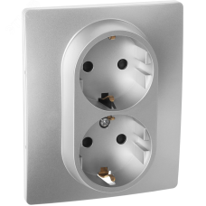 Розетка 2-местная с заземлением с защитными шторками 16А в сборе алюминий INSPIRIA