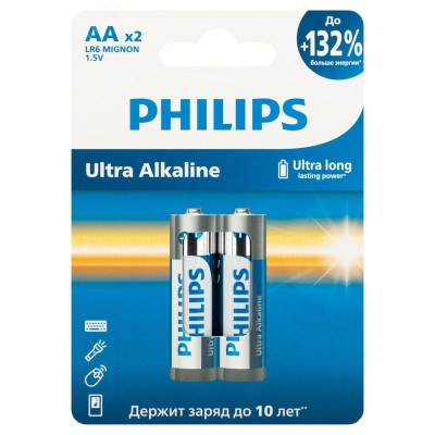 Батарейки Philips LR6E2W/51 АА алкалиновые 1,5v 2 шт. LR6-2BL Ultra (2/24/144/11520)