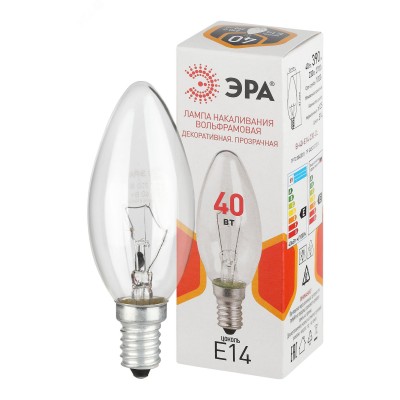 Лампа накаливания 40Вт 230В свеча прозрачная цветная коробка Е14 B-40-E14-230-CL