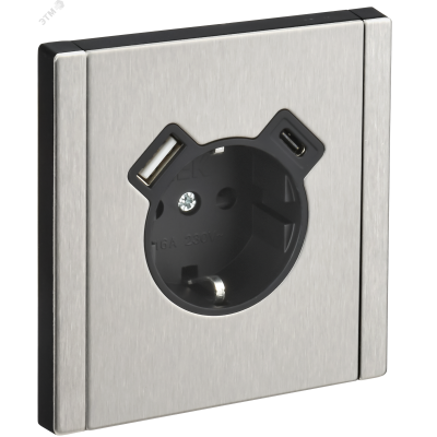 FORTE&PIANO Розетка 1-местная с заземлением с защитными шторками винтовое крепление 16А USB A+C 18Вт FP747M металл никель IEK