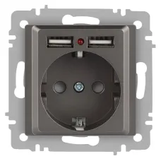 Розетка Intro Accent 6-410-09 P+E Schuko со шторками, 16А-250В + 2хUSB, IP20, СУ, титан