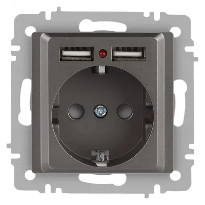 Розетка Intro Accent 6-410-09 P+E Schuko со шторками, 16А-250В + 2хUSB, IP20, СУ, титан