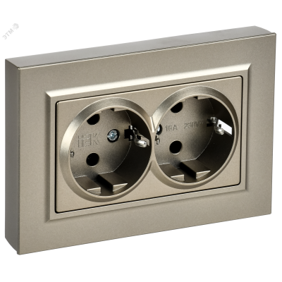 BRITE Розетка 2-местная с заземлением без защитных шторок плоская 16А в сборе РСПл12-3-БрШ шампань IEK