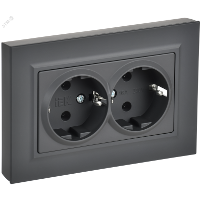 BRITE Розетка 2-местная с заземлением без защитных шторок плоская 16А в сборе РСПл12-3-БрГ графит IEK