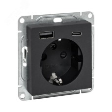 Механизм розетки с USB-A+С - 2шт, 16А, с заземлением, со шторками, чёрный Эпика EKF