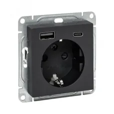 Механизм розетки с USB-A+С - 2шт, 16А, с заземлением, со шторками, чёрный Эпика EKF