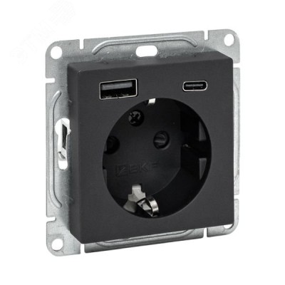 Механизм розетки с USB-A+С - 2шт, 16А, с заземлением, со шторками, чёрный Эпика EKF