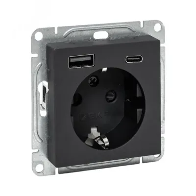 Механизм розетки с USB-A+С - 2шт, 16А, с заземлением, со шторками, чёрный Эпика EKF