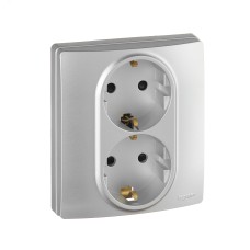 Розетка 2-местная с заземлением с защитными шторками безвинтовое крепление 16А в сборе алюминий ETIKA