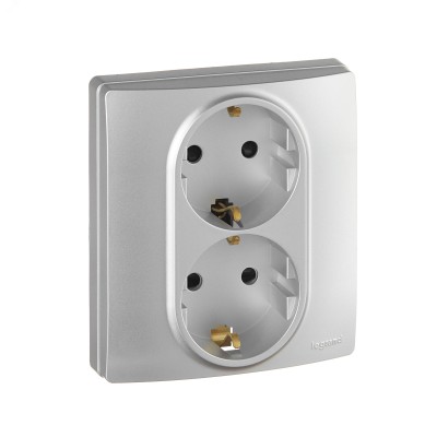 Розетка 2-местная с заземлением с защитными шторками безвинтовое крепление 16А в сборе алюминий ETIKA