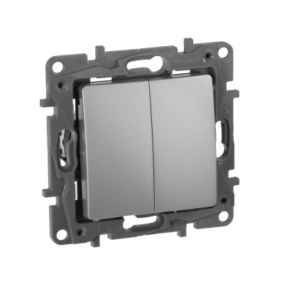 Выключатель 2-клавишный проходной 10А безвинтовое крепление алюминий ETIKA