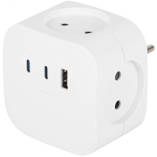 Разветвитель электрический 10А 4 розетки + 3 USB A+C со шторками белый SP-4-3USBAC-W