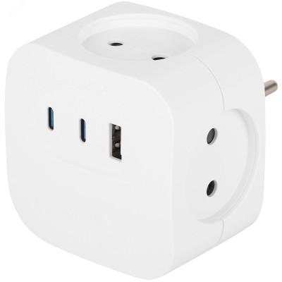 Разветвитель электрический 10А 4 розетки + 3 USB A+C со шторками белый SP-4-3USBAC-W