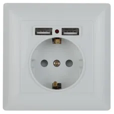 Розетка Intro Solo 4-410-01 с заземлением P+E Schuko со шторками, 16А-250В + 2хUSB, IP20, СУ, белый