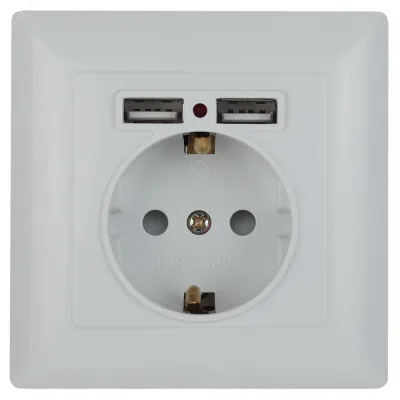 Розетка Intro Solo 4-410-01 с заземлением P+E Schuko со шторками, 16А-250В + 2хUSB, IP20, СУ, белый