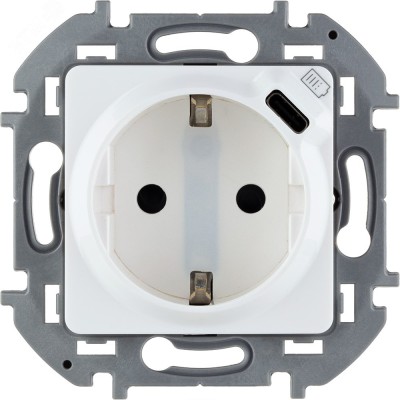 Розетка 1-местная с заземлением с защитными шторками 16А с USB C 5В безвинтовое крепление белый INSPIRIA