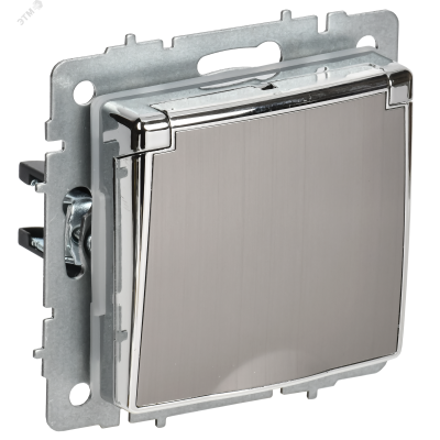 BRITE Розетка 1-местная с заземлением с защитными шторками и крышкой 16А IP44 РСбш10-3-44-БрГН металл хром/никель IEK