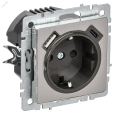BRITE Розетка 1-местная с заземлением с защитными шторками 16А с USB A+C 18Вт РЮш11-1-БрГН металл хром/никель IEK