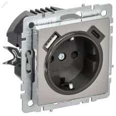BRITE Розетка 1-местная с заземлением с защитными шторками 16А с USB A+C 18Вт РЮш11-1-БрГН металл хром/никель IEK