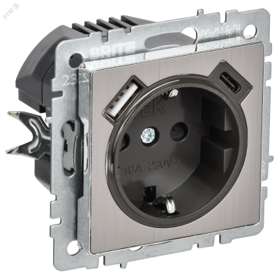 BRITE Розетка 1-местная с заземлением с защитными шторками 16А с USB A+C 18Вт РЮш11-1-БрГН металл хром/никель IEK