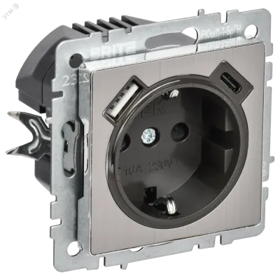 BRITE Розетка 1-местная с заземлением с защитными шторками 16А с USB A+C 18Вт РЮш11-1-БрГН металл хром/никель IEK