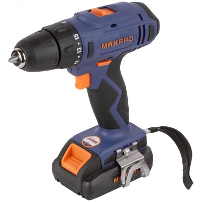 MAX-PRO Дрель-Шуруповерт аккумуляторная 18 В 0-350/0-1250об/мин 10мм 30Нм 2 батареи (Li-Ion) х1,5Ач 15+1 1ч. регулировка оборотов резиновые вставки LED подсветка