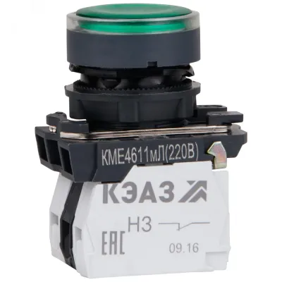 Кнопка КМЕ4522мЛ-24В-зеленый-2но+2нз-цилиндр-индикатор-IP54