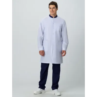 Халат мужской Симпл-001 (ткань Смесовая,120) MedLine, белый темно-синий, 44-46 170-176