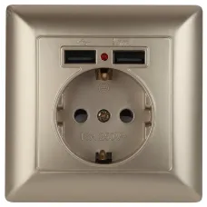 4-410-04 Intro Розетка P+E Schuko со шторками, 16А-250В + 2хUSB, СУ, Solo, шампань (10/100/2500)