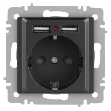 Розетка Intro Accent 6-410-07 P+E Schuko со шторками, 16А-250В + 2хUSB, IP20, СУ, графит