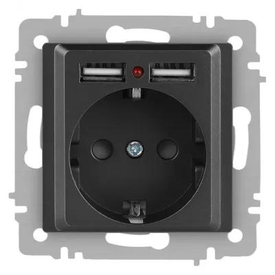 Розетка Intro Accent 6-410-07 P+E Schuko со шторками, 16А-250В + 2хUSB, IP20, СУ, графит