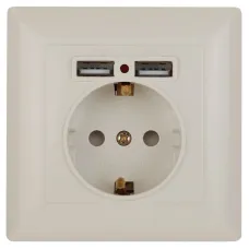 Розетка Intro Solo 4-410-02 с заземлением P+E Schuko со шторками, 16А-250В + 2хUSB, IP20, СУ, слоновая кость