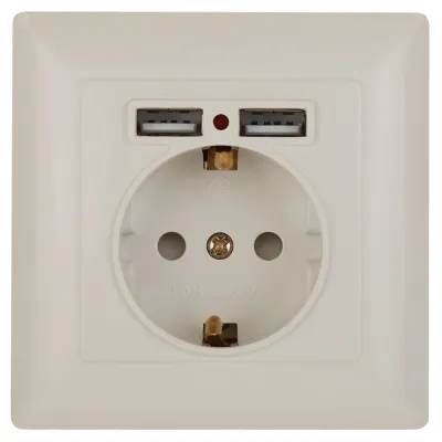 Розетка Intro Solo 4-410-02 с заземлением P+E Schuko со шторками, 16А-250В + 2хUSB, IP20, СУ, слоновая кость