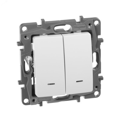 Выключатель 2-клавишный проходной с подсветкой/индикацией 10А безвинтовое крепление белый ETIKA