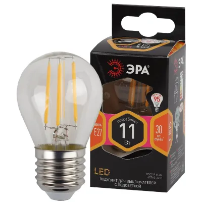 Лампочка светодиодная ЭРА F-LED P45-11W-827-E27 Е27 / Е27 11Вт филамент шар теплый белый свет