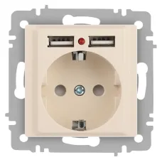 Розетка Intro Accent 6-410-02 , P+E Schuko со шторками, 16А-250В + 2хUSB, IP20, СУ, слоновая кость