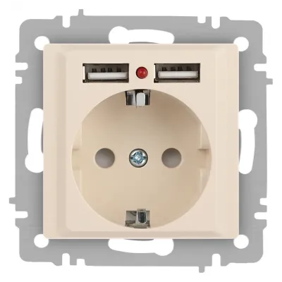 Розетка Intro Accent 6-410-02 , P+E Schuko со шторками, 16А-250В + 2хUSB, IP20, СУ, слоновая кость