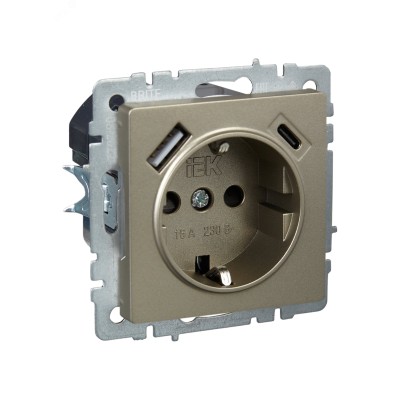 BRITE Розетка с заземлением с защитными шторками 16А с USB A+C 18Вт РЮш11-1-БрШ шампань