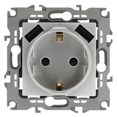 12-4109-03 ЭРА Розетка 2P+E 16A-250В, штор. с 2xUSB 5В-3А, Эра12, алюминий (10/100/2000)