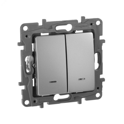 Выключатель 2-клавишный с подсветкой/индикацией 10А безвинтовое крепление алюминий ETIKA