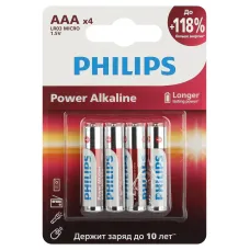 Батарейки Philips LR03P4B/51 ААА алкалиновые 1,5v 4 шт. LR03-4BL Power (4/48/144/27648)