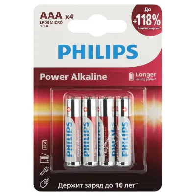 Батарейки Philips LR03P4B/51 ААА алкалиновые 1,5v 4 шт. LR03-4BL Power (4/48/144/27648)