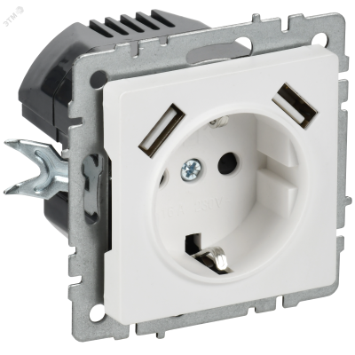 BRITE Розетка 1-местная с заземлением с защитными шторками 16А с USB A+A 5В 2,1А РЮш10-1-БрАБ арктический белый IEK