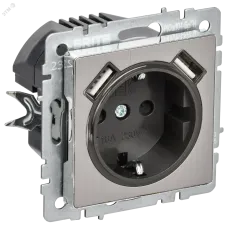 BRITE Розетка 1-местная с заземлением с защитными шторками 16А с USB A+A 5В 2,1А РЮш10-1-БрГН металл хром/никель IEK