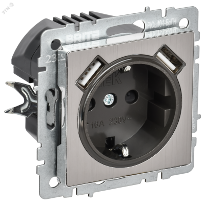 BRITE Розетка 1-местная с заземлением с защитными шторками 16А с USB A+A 5В 2,1А РЮш10-1-БрГН металл хром/никель IEK