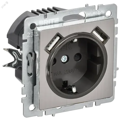BRITE Розетка 1-местная с заземлением с защитными шторками 16А с USB A+A 5В 2,1А РЮш10-1-БрГН металл хром/никель IEK