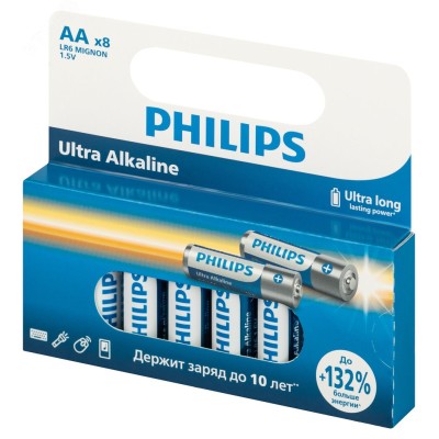 Батарейки Philips LR6E8W/51 АА алкалиновые 1,5v 8 шт. LR6-8BL Ultra (8/160/19200)