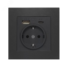 Розетка скрытой установки, с заземлением, c USB Type-A 2.4А+ Type-C 4A серия Афина , 220В, механизм, графит