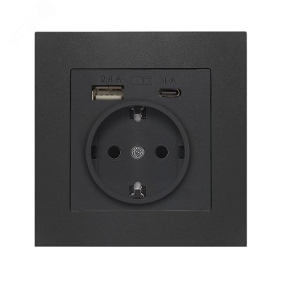 Розетка скрытой установки, с заземлением, c USB Type-A 2.4А+ Type-C 4A серия Афина , 220В, механизм, графит